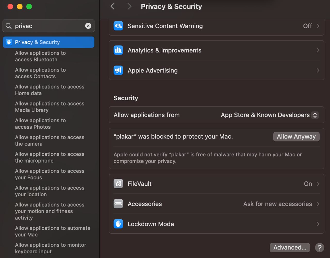 MacOS Privacy and Security settings