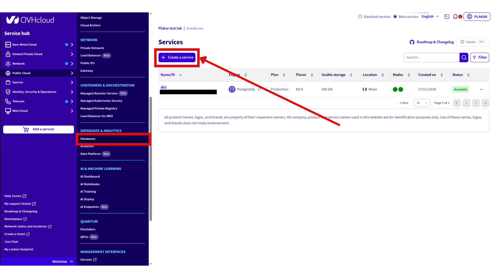 OVHcloud Databases Page